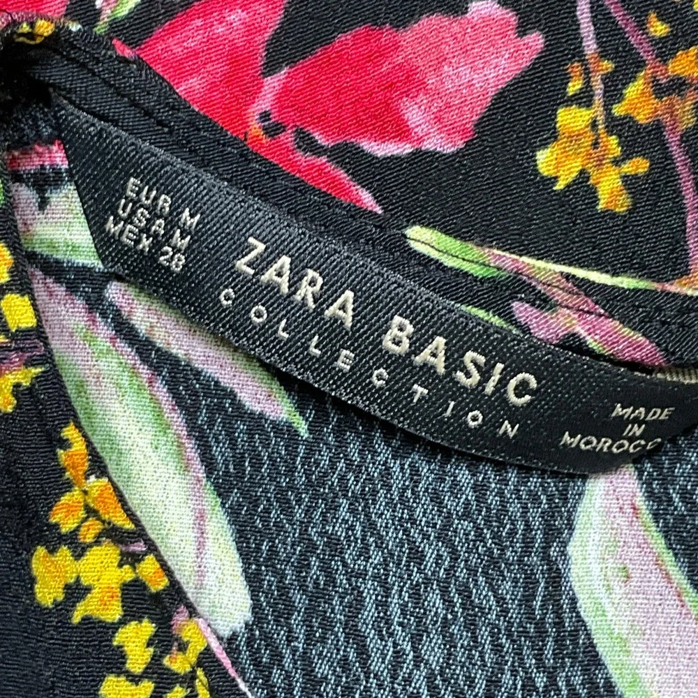 Zara Basic Dress Womens M Black Floral 3/4 Sleeve Mini Boho Classic